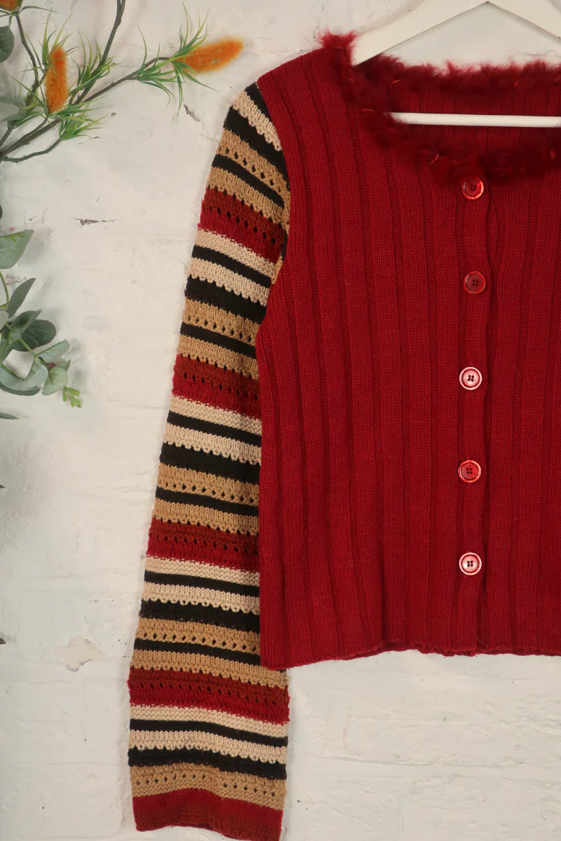 Vintage Knit Cardigan - 90s Ruby Stripe - Size M - Image 2