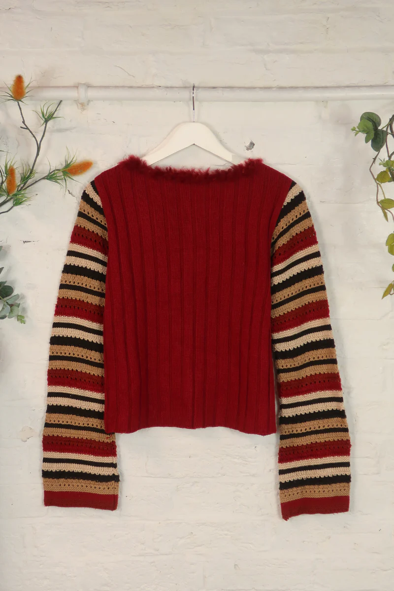 Vintage Knit Cardigan - 90s Ruby Stripe - Size M - Image 3