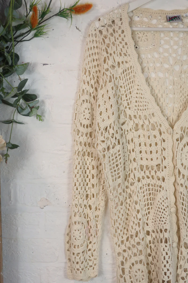 Vintage Knit Cardigan - Crochet Cream Doily - Size XL - Image 2