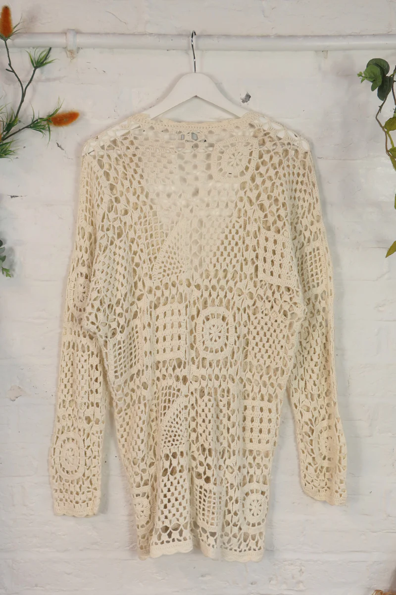Vintage Knit Cardigan - Crochet Cream Doily - Size XL - Image 3