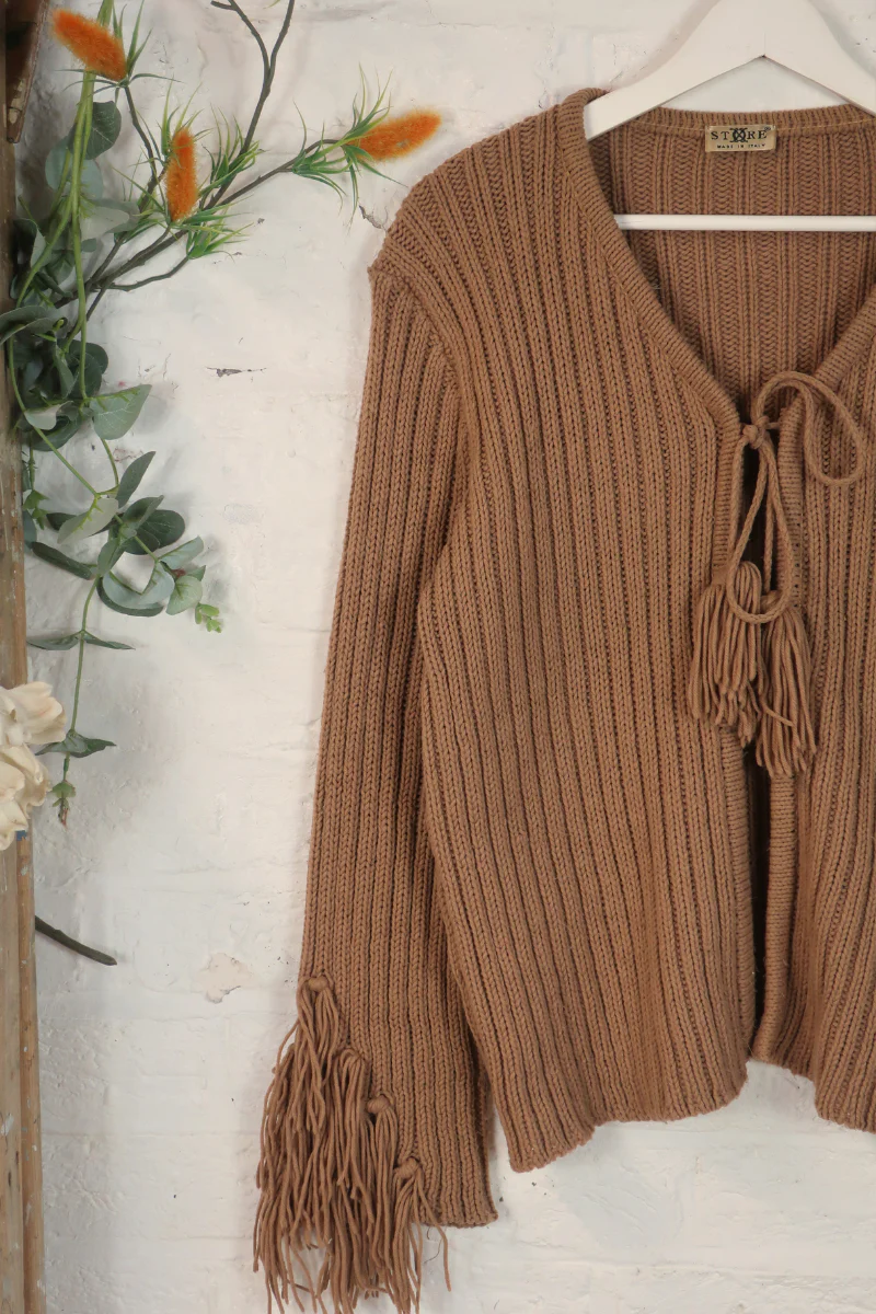 Vintage Knit Cardigan - Saddle Brown Tassels - Size L - Image 2