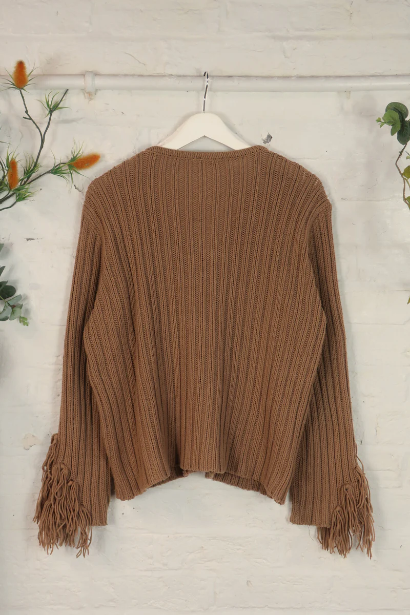 Vintage Knit Cardigan - Saddle Brown Tassels - Size L - Image 3