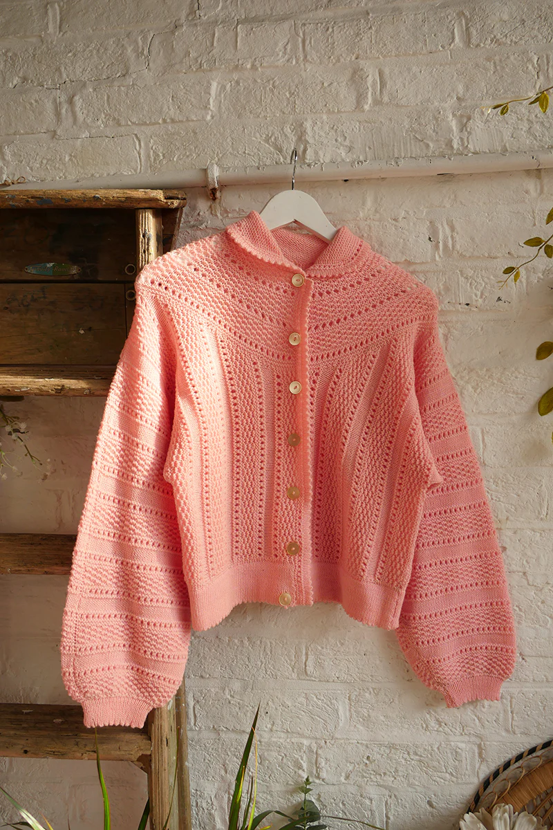 SALE Vintage Knit Cardigan - Petal Pink Crochet - Size S
