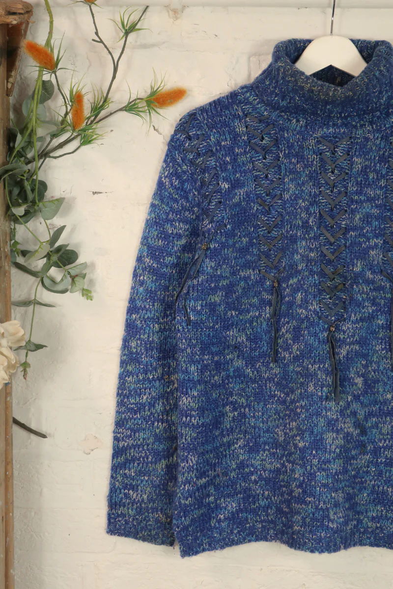 Vintage Knit Jumper - Indigo Tassels - Size L - Image 2