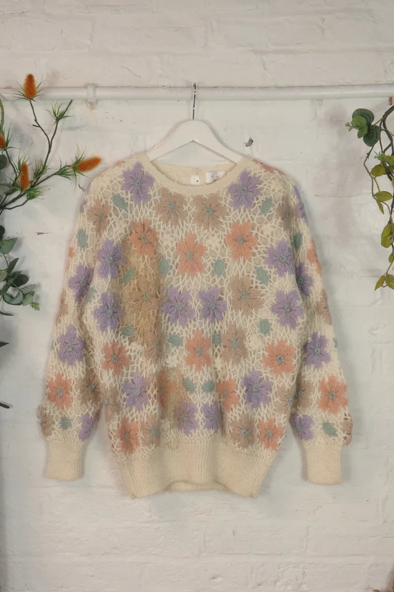 Vintage Knit Jumper - Watercolour Crochet Flowers - Size XL