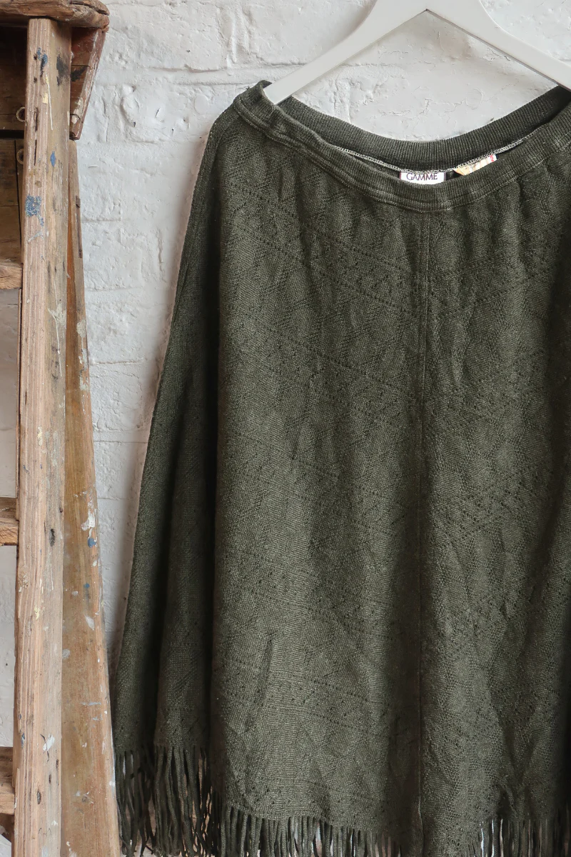 Vintage Knit Poncho - Deep Olive - Free Size - Image 2