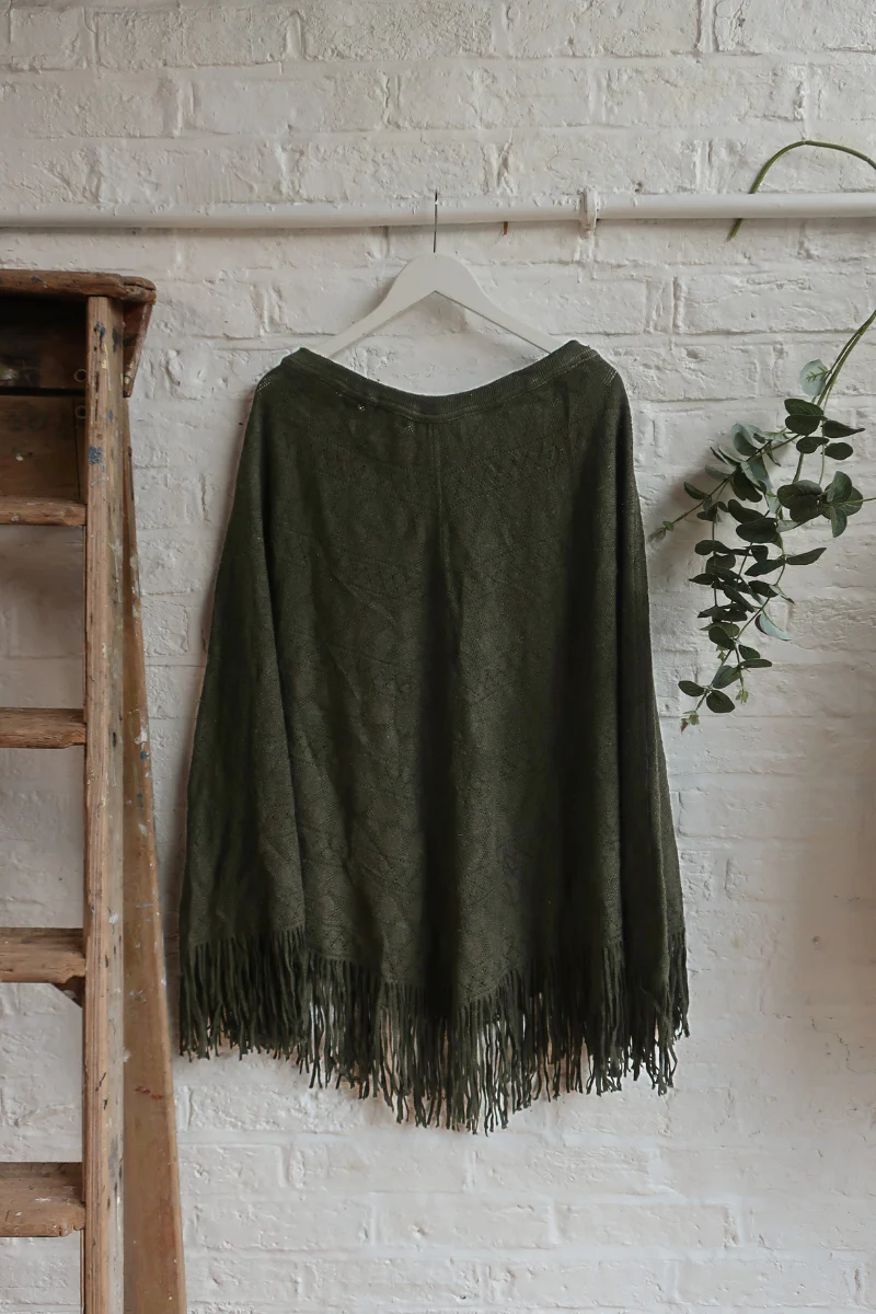 Vintage Knit Poncho - Deep Olive - Free Size - Image 3
