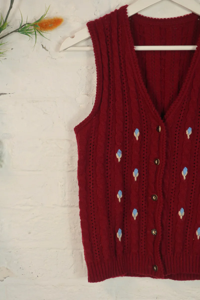 Vintage Knit Waistcoat - Blackberry Cableknit - Size S - Image 2