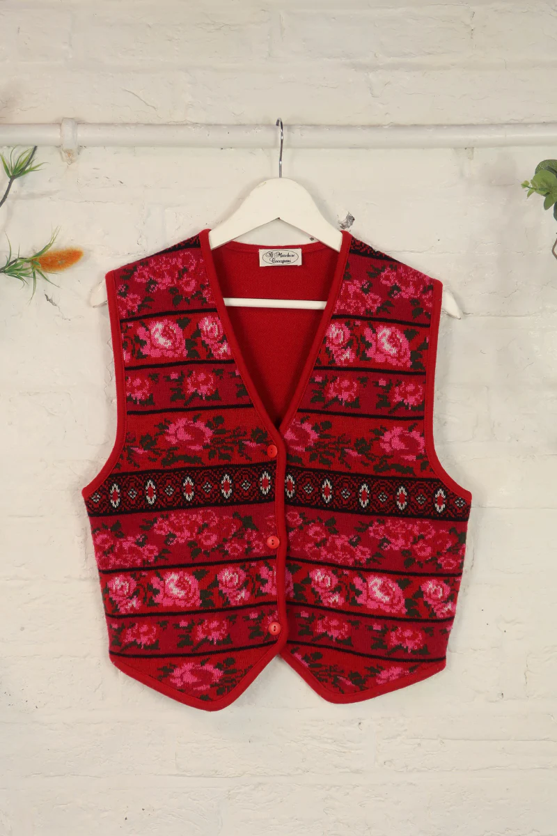 Vintage Knit Waistcoat - Scarlet Rose - Size M/L