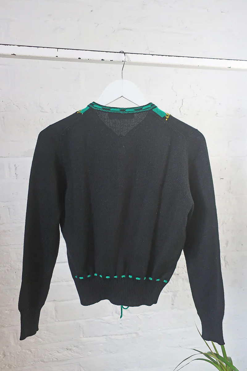 Vintage Knitwear - Black Cardigan with Flower Crown Embroidery - Size S - Image 4