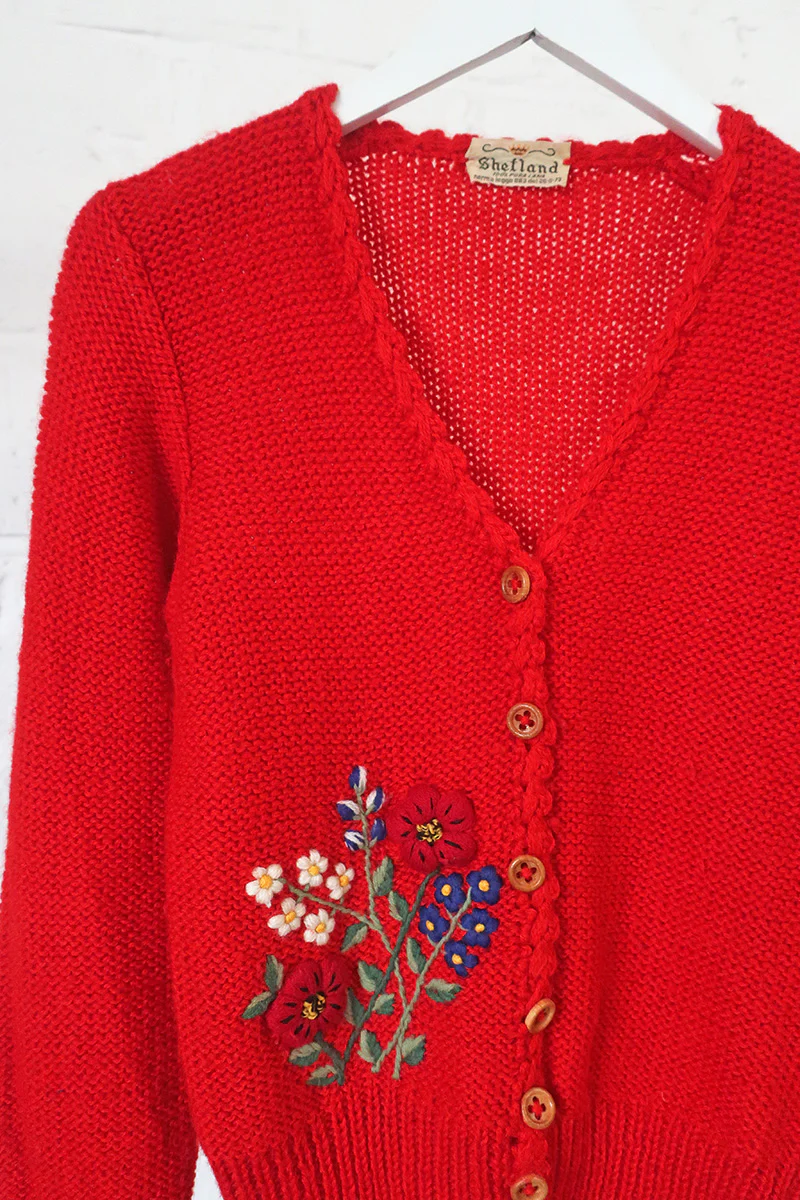 Vintage Knitwear - Poppy Red Miss Honey Cardigan - Size S - Image 2