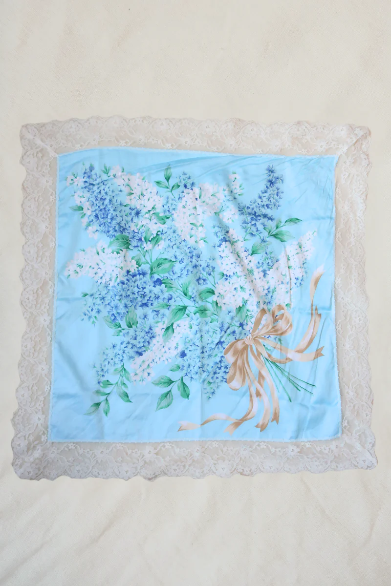 Vintage Lace Scarf in Sky Blue Lilac Flowers - Image 2