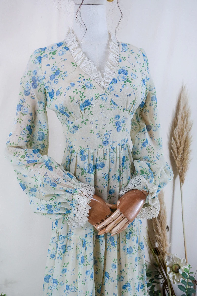 Vintage Maxi Dress - Lace and Sky Rose Prairie Dress - Size XS - Image 2