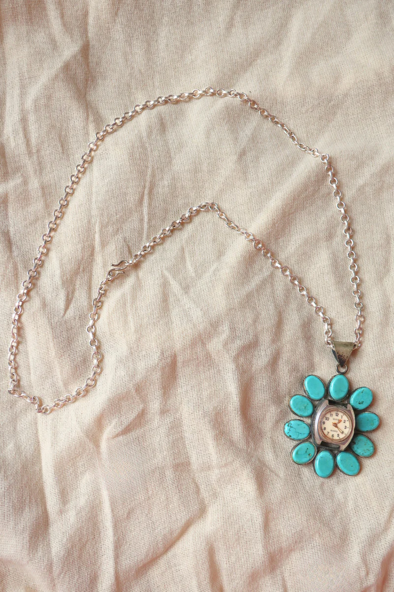 Vintage Patina Flower Clock Necklace with Turquoise Petals - Image 2