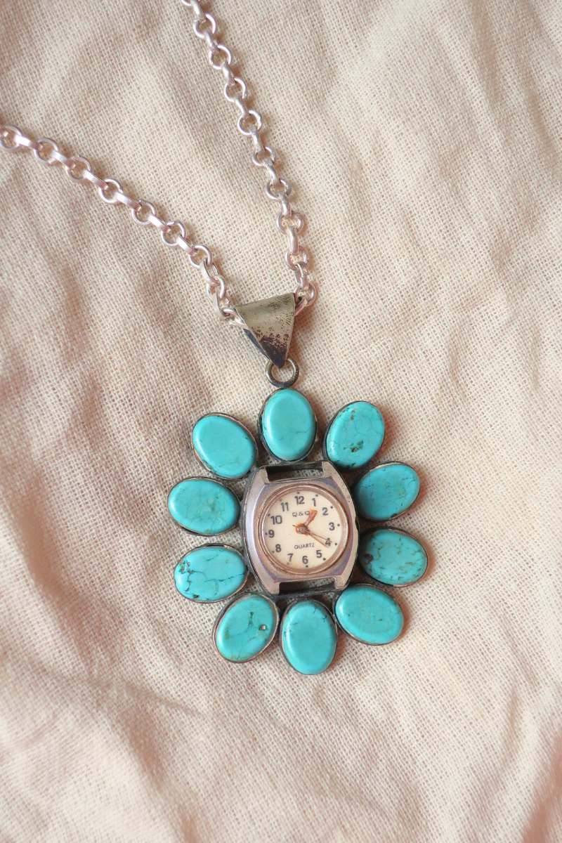 Vintage Patina Flower Clock Necklace with Turquoise Petals - Image 3