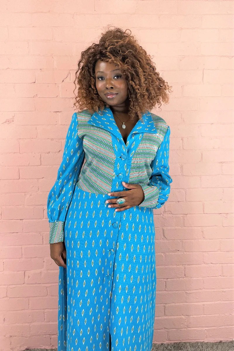 Vintage Retro Jacket/Dress - Deep Sky Blue & Lime- Size S/M - Image 3