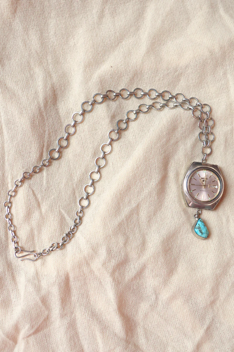Vintage Seiko Clock Statement Necklace with Turquoise - Image 2