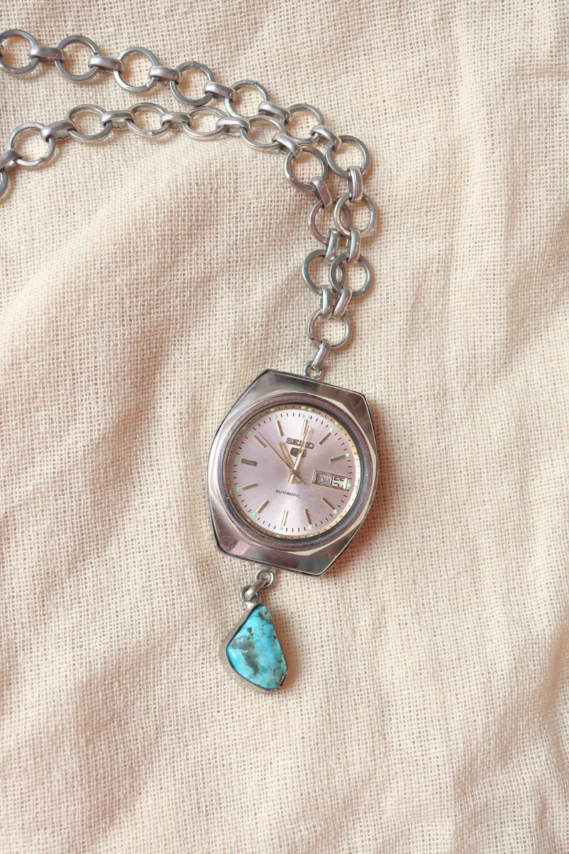 Vintage Seiko Clock Statement Necklace with Turquoise - Image 3