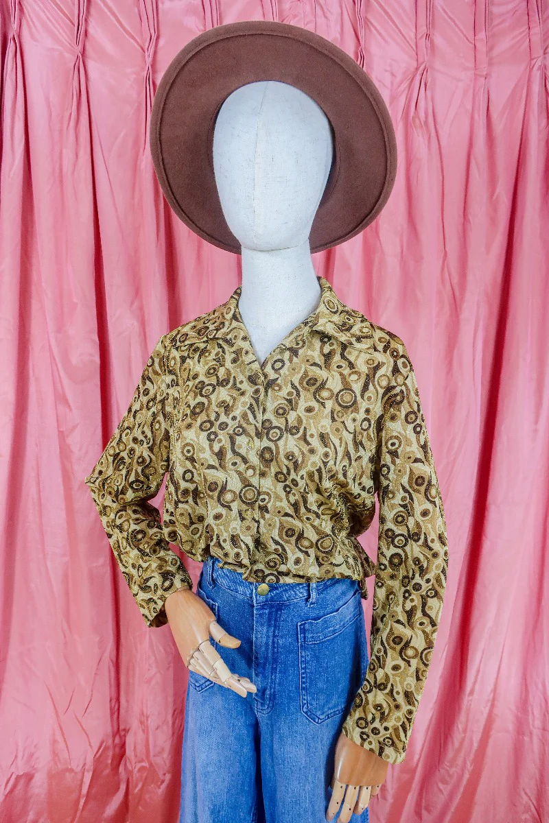 Vintage Shirt - Earth Tone & Gold Sparkle Swirl - Size S/M