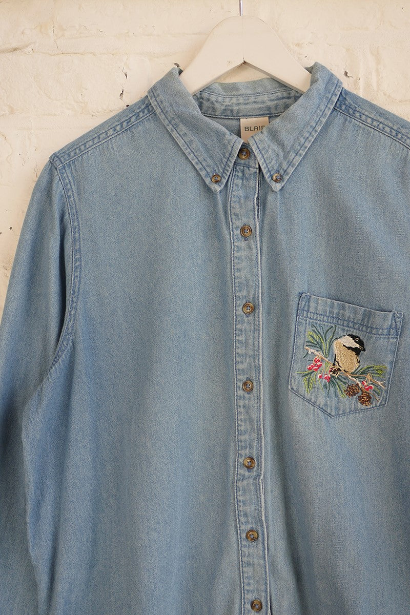 Vintage Denim Shirt - Chickadee Bird Embroidery - Free Size - Image 2