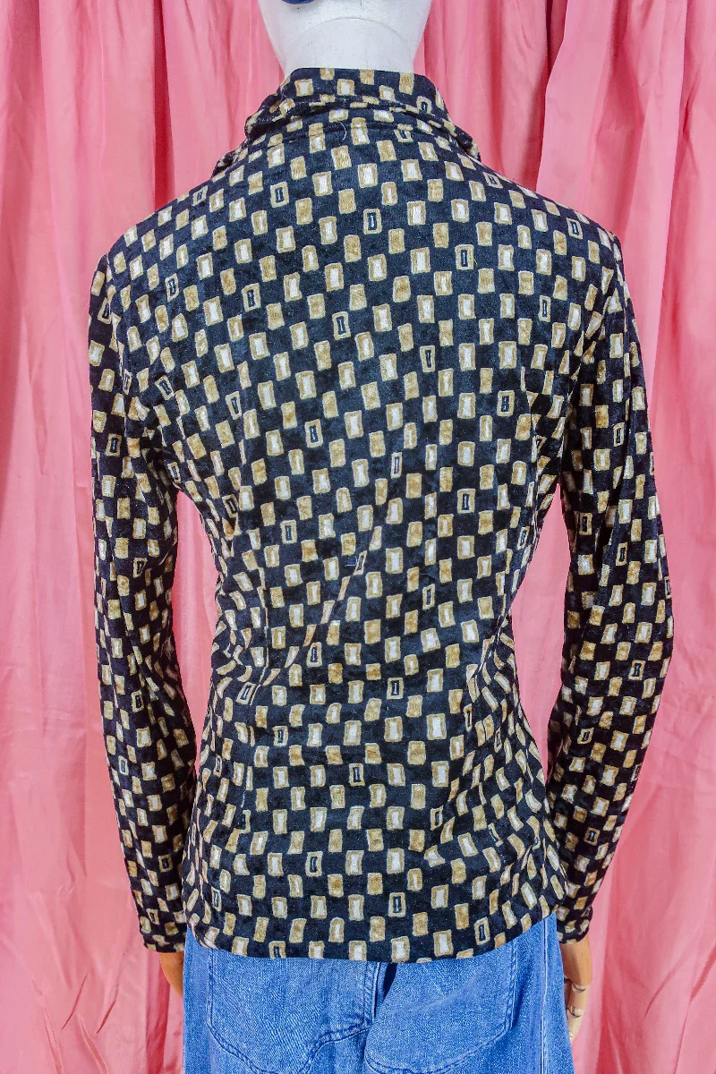 Vintage Shirt - Jet Black & Bronze Art Deco Print - Size S - Image 3