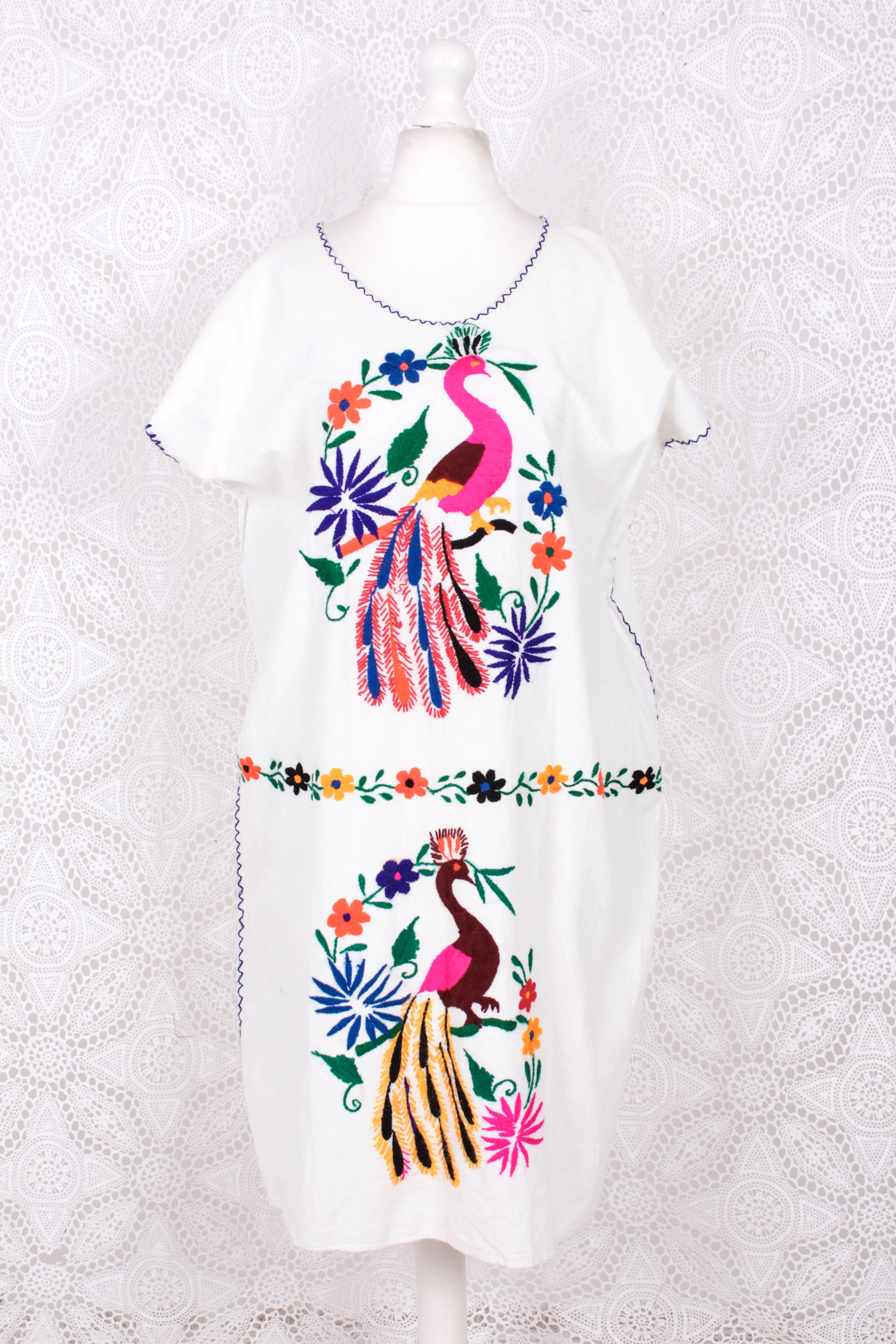 Vintage Dress - Mexican Peacock Floral Embroidered Midi - Free Size - Image 3