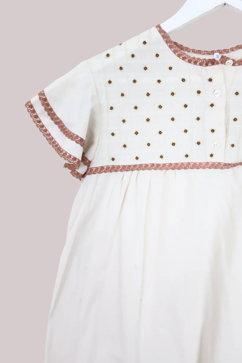 Vintage Smock Mini Dress - Cream Oatmeal Embroidery - Size S - Image 2