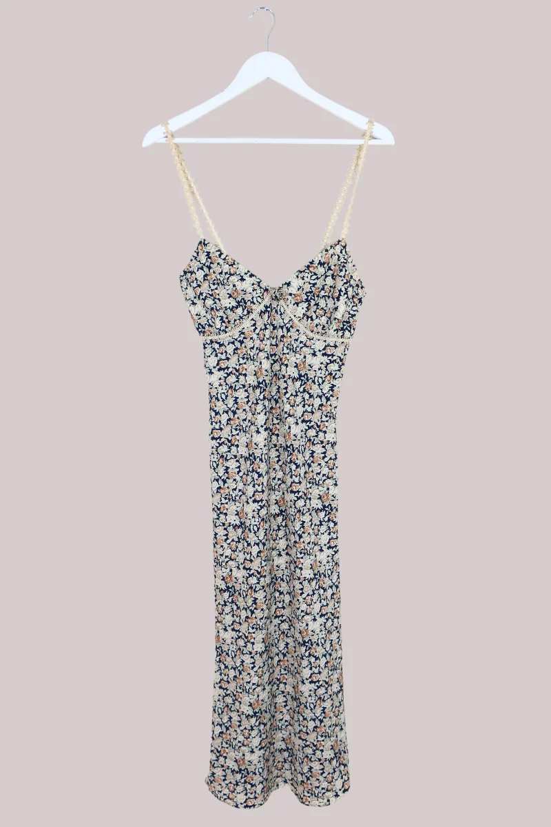 Vintage Strappy Dress - Navy & Wheat Roses - Size M