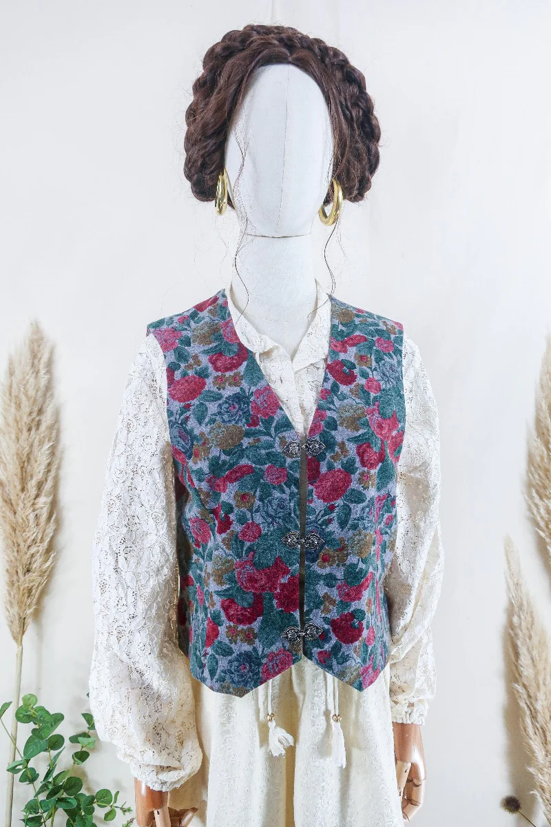 Vintage Waistcoat - Dove Grey Painted Rose Garden - Size S