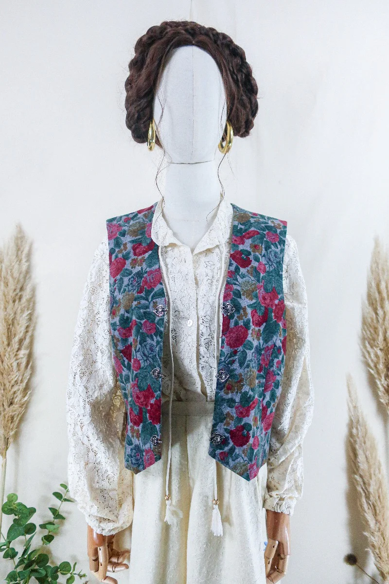 Vintage Waistcoat - Dove Grey Painted Rose Garden - Size S - Image 2