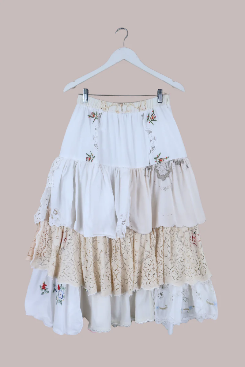 Wendy Vintage Tablecloth Flounce Skirt in Bells of Spring Floral Embroidery