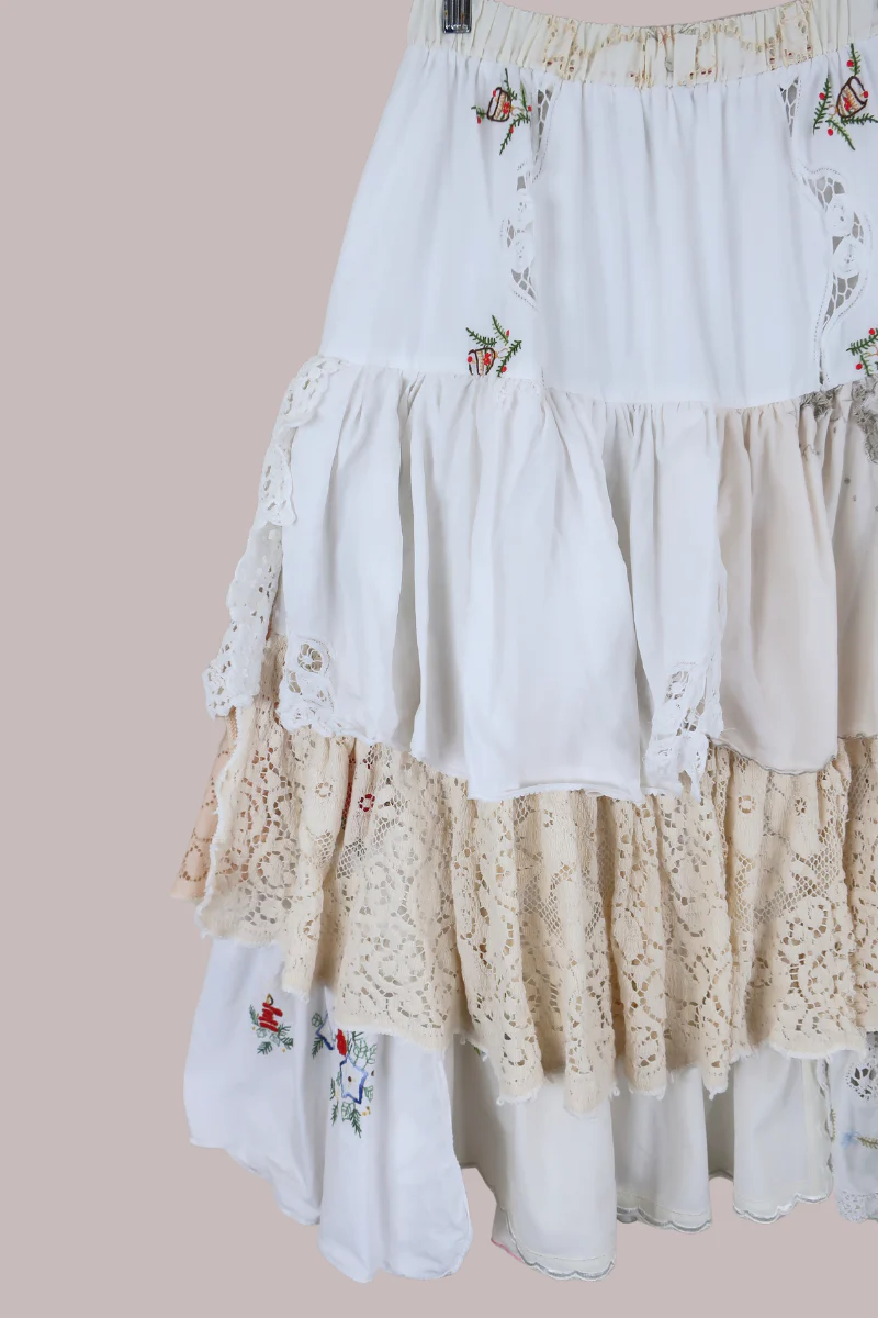 Wendy Vintage Tablecloth Flounce Skirt in Bells of Spring Floral Embroidery - Image 2