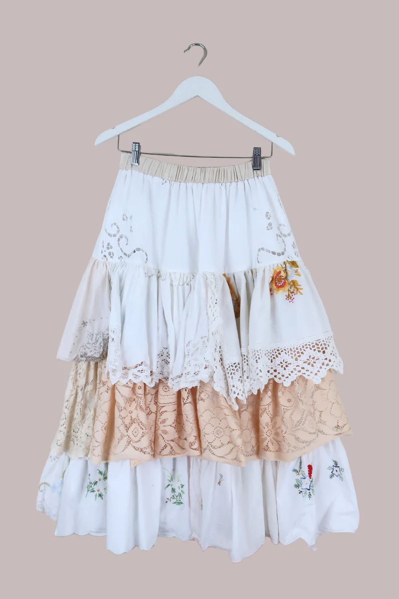 Wendy Vintage Tablecloth Flounce Skirt in Bells of Spring Floral Embroidery - Image 3