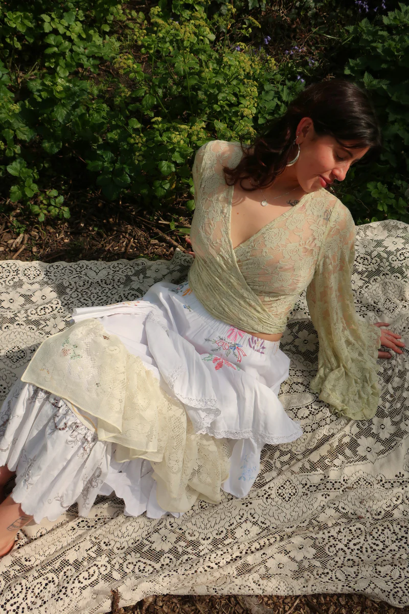 Wendy Vintage Tablecloth Flounce Skirt in Cottage Garden Flowers - Image 3