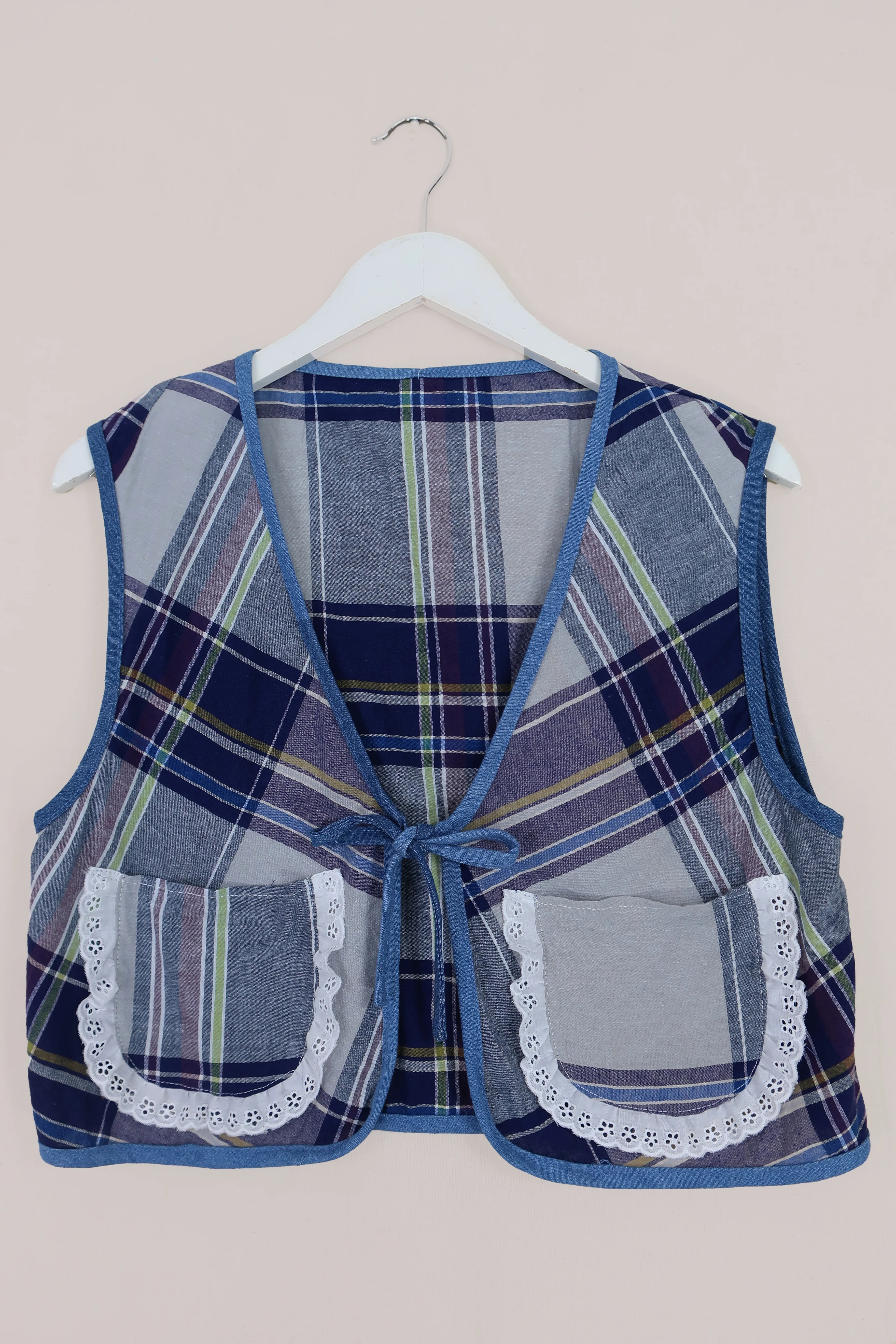 Willa Reclaimed Flannel Waistcoat - Plum & Lime Plaid - Size M/L