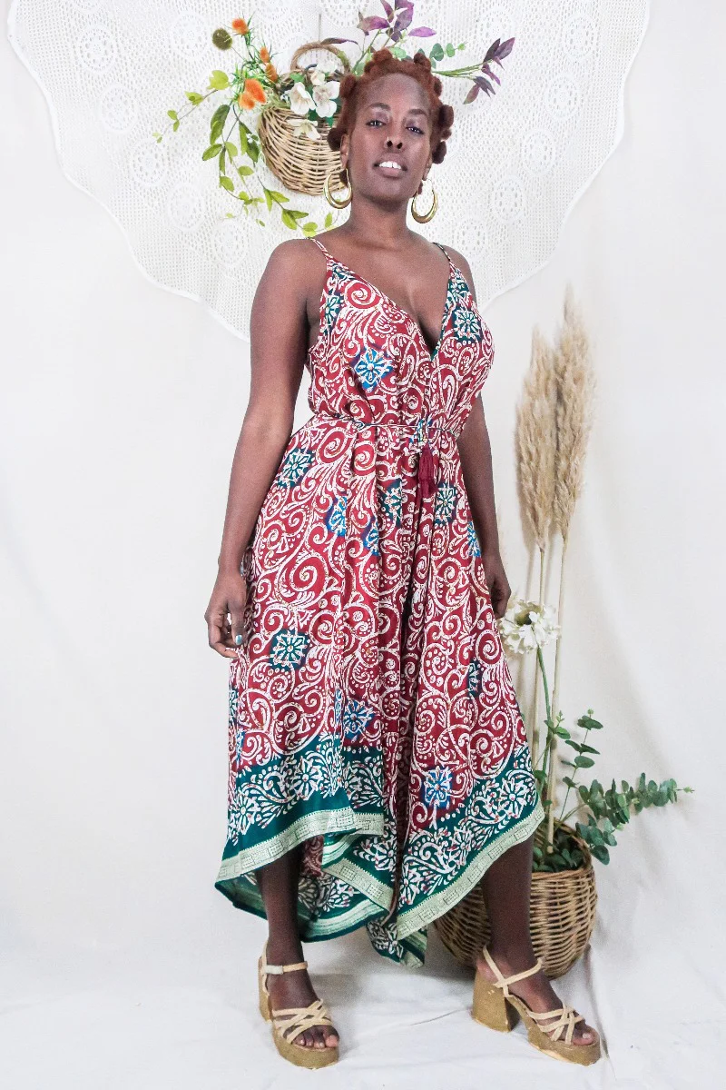 Winona Jumpsuit - Vintage Sari - Folky Crimson Block Print - M/L - Image 2