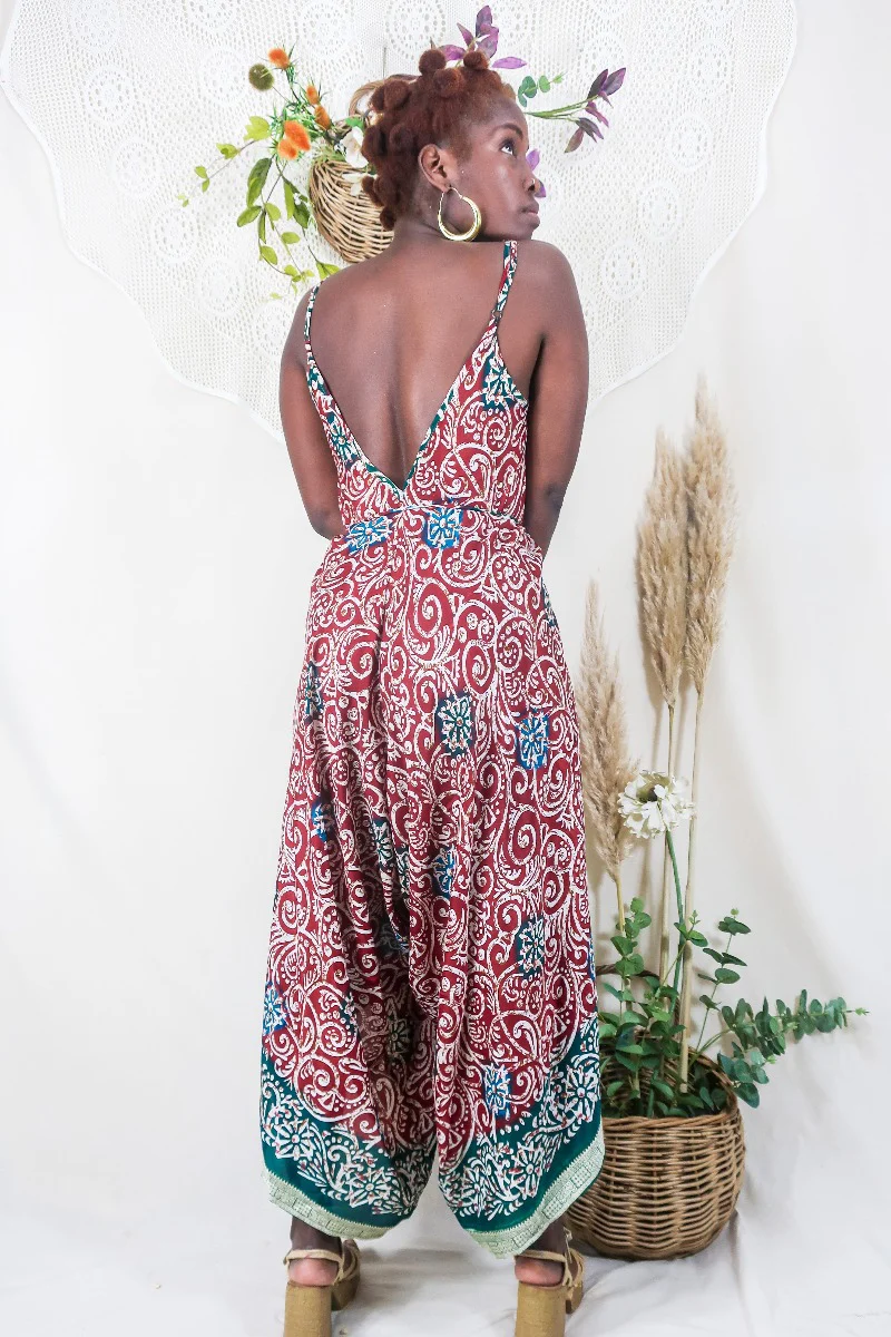 Winona Jumpsuit - Vintage Sari - Folky Crimson Block Print - M/L - Image 3