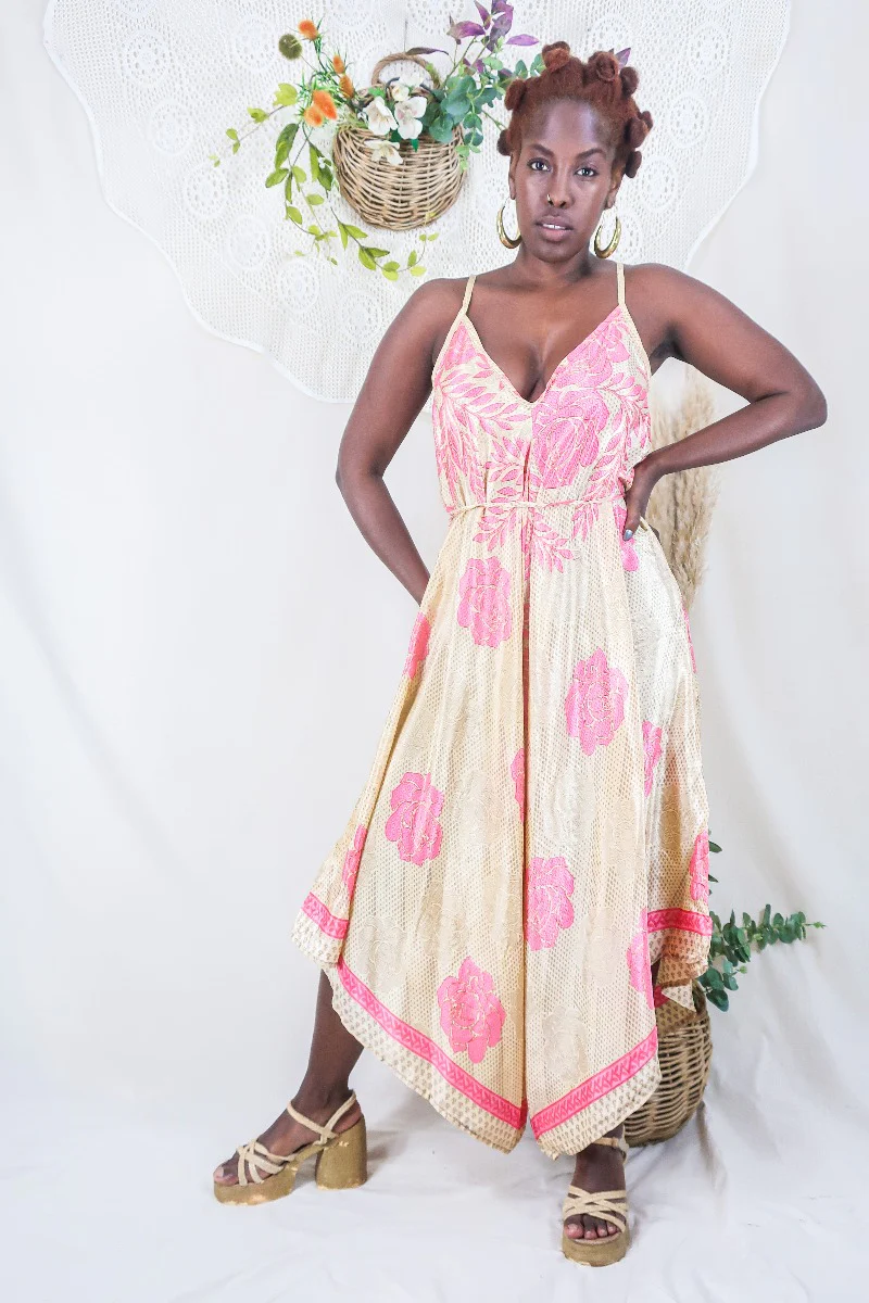 Winona Jumpsuit - Vintage Sari - Strawberry Pink & Cream Roses - S/M - Image 2