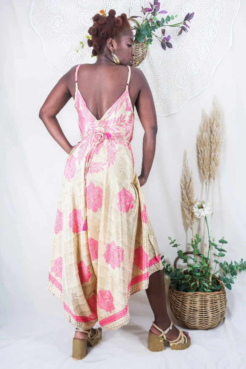 Winona Jumpsuit - Vintage Sari - Strawberry Pink & Cream Roses - S/M - Image 3