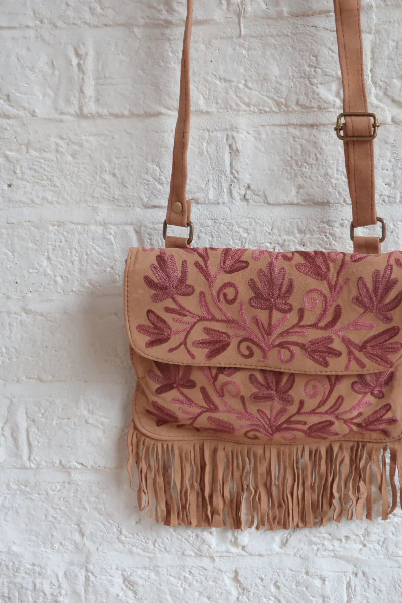 Zelda Embroidered Suede Saddle Bag in Camel & Amaranth Vines - Image 2