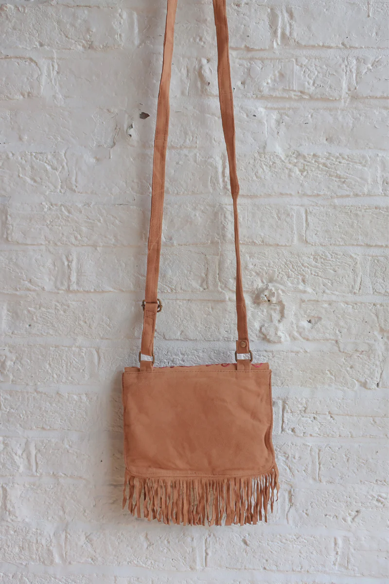 Zelda Embroidered Suede Saddle Bag in Camel & Amaranth Vines - Image 3