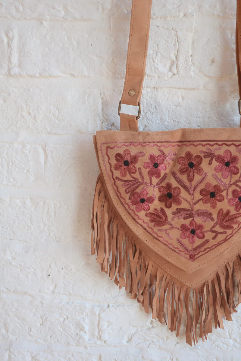 Zelda Embroidered Suede Saddle Bag in Camel & Mauve Daisies - Image 2