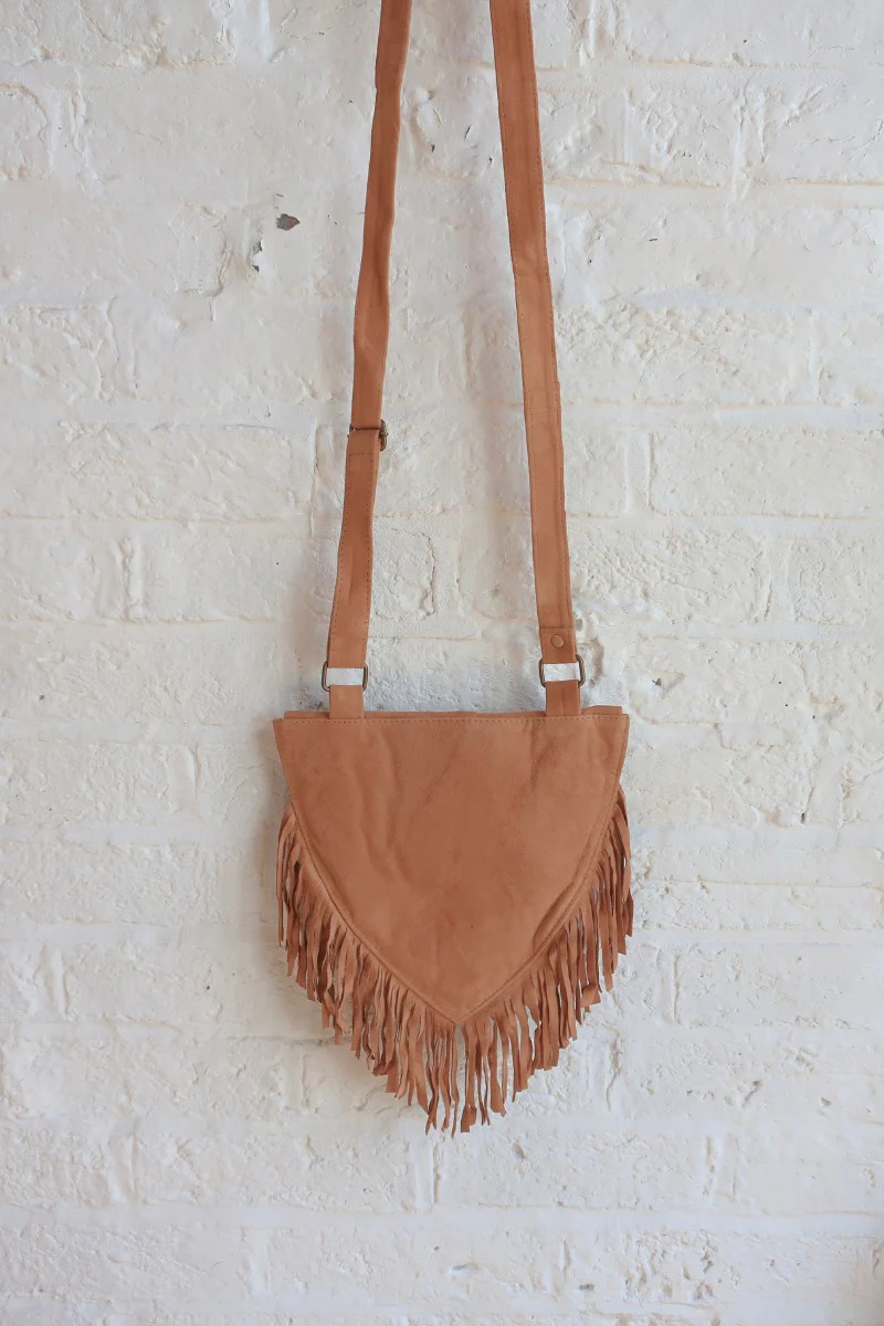 Zelda Embroidered Suede Saddle Bag in Camel & Mauve Daisies - Image 3