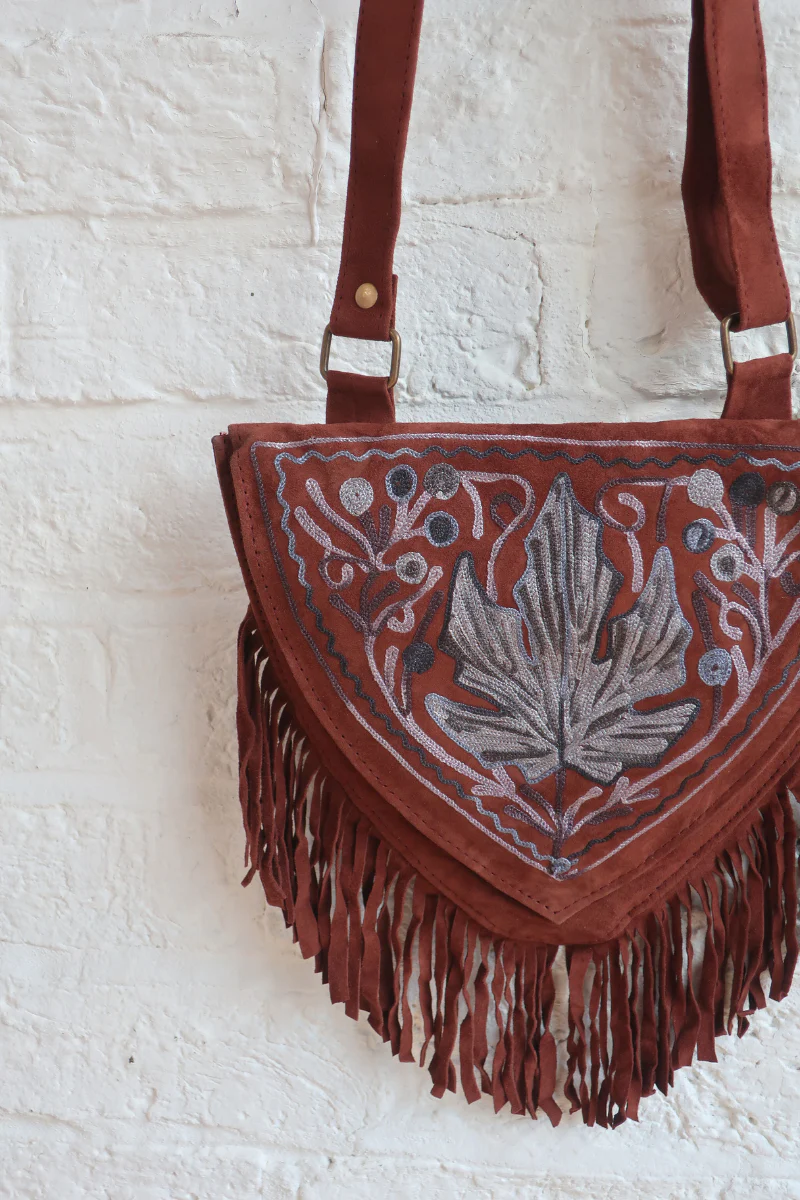 Zelda Embroidered Suede Saddle Bag in Cocoa & Sapphire Autumn Leaf - Image 2