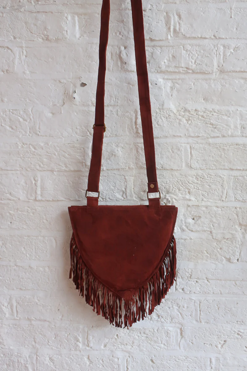 Zelda Embroidered Suede Saddle Bag in Cocoa & Sapphire Autumn Leaf - Image 3
