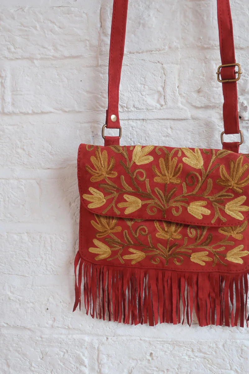 Zelda Embroidered Suede Saddle Bag in Garnet & Birch Vines - Image 2
