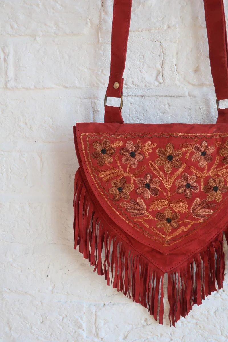 Zelda Embroidered Suede Saddle Bag in Garnet & Golden Daisies - Image 2