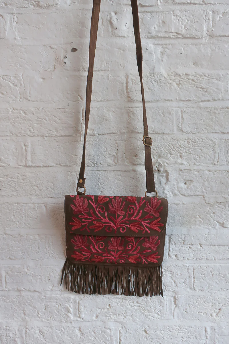 Zelda Embroidered Suede Saddle Bag in Khaki & Sangria Vines