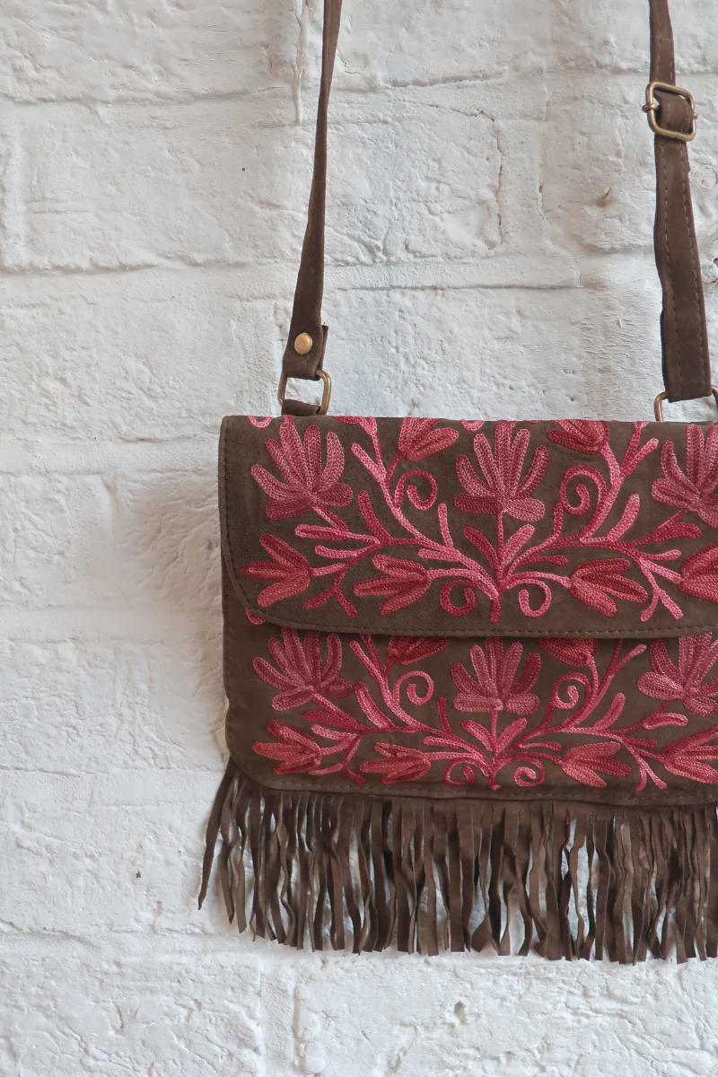 Zelda Embroidered Suede Saddle Bag in Khaki & Sangria Vines - Image 2