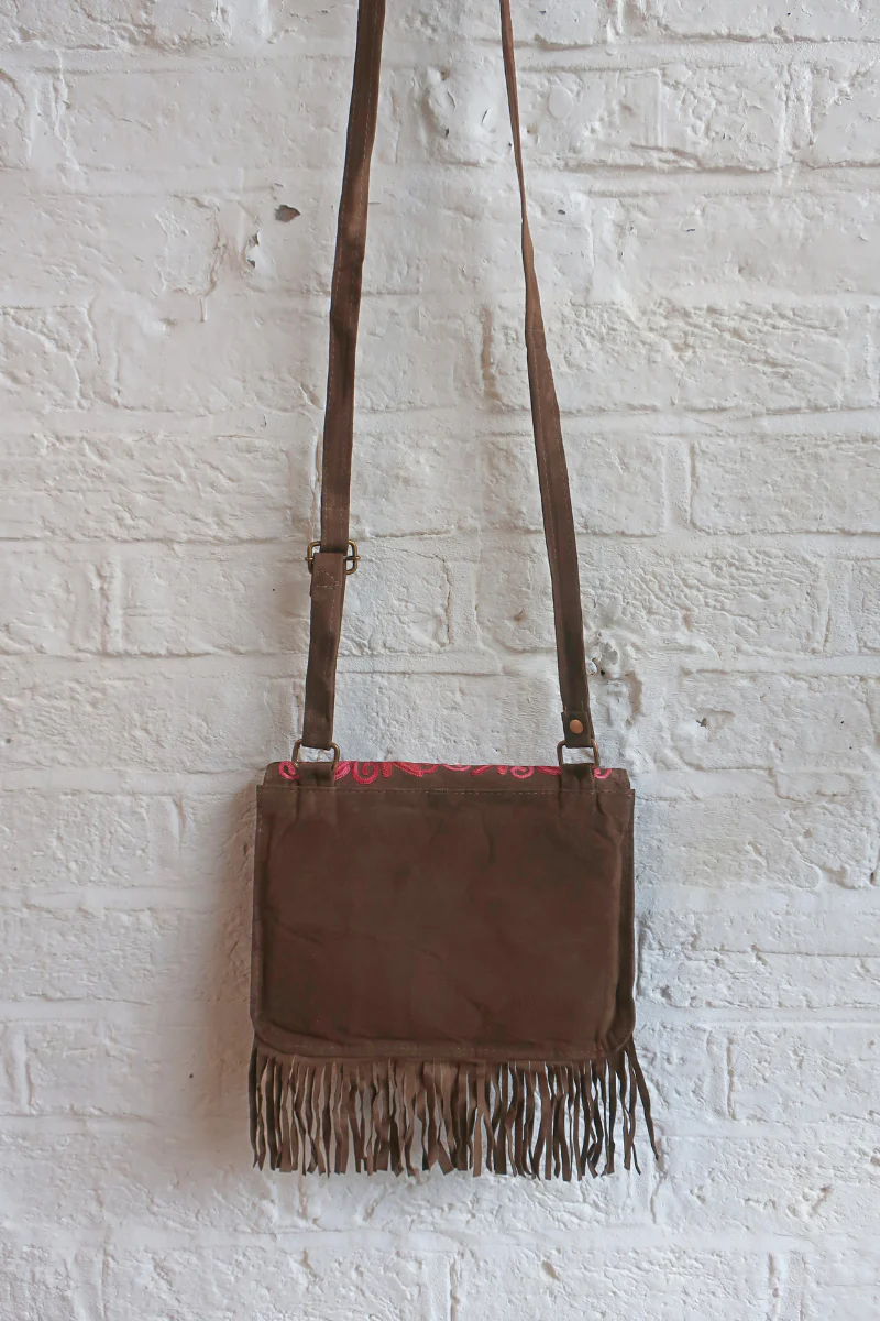 Zelda Embroidered Suede Saddle Bag in Khaki & Sangria Vines - Image 3